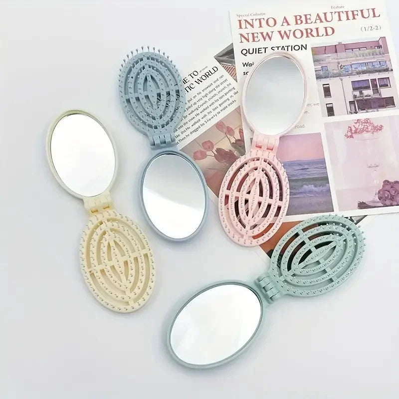 Portable Folding Hair Brush Comb with Mirror - Travel Friendly and Lightweight