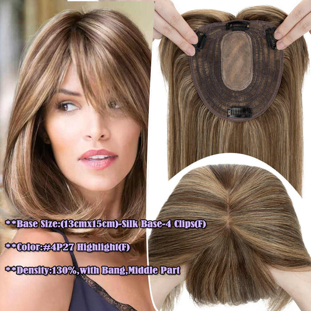 Clip-In Hair Topper with Silk Base - Remy Human Hair, Multiple Sizes & Colors
