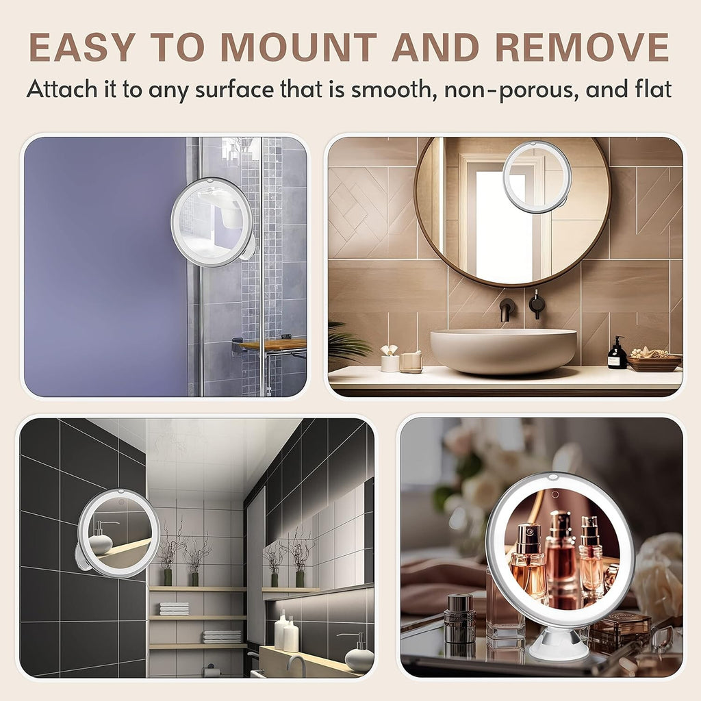 Lighted 10X Magnifying Makeup Mirror with LED Brightness & Rotatable Suction Base
