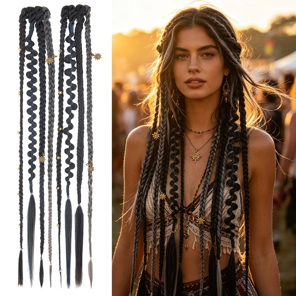 20in Clip-In Boho Dreadlock Braided Hair Extensions with Beads & Charms