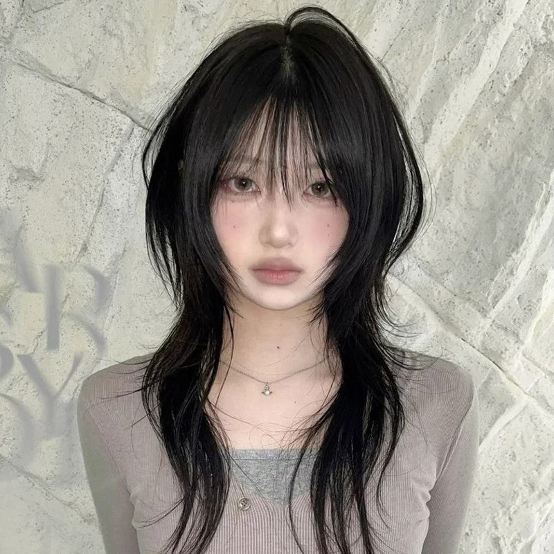 18 Inch Black Synthetic Wolf Cut Wig with Bangs for Daily & Party Looks