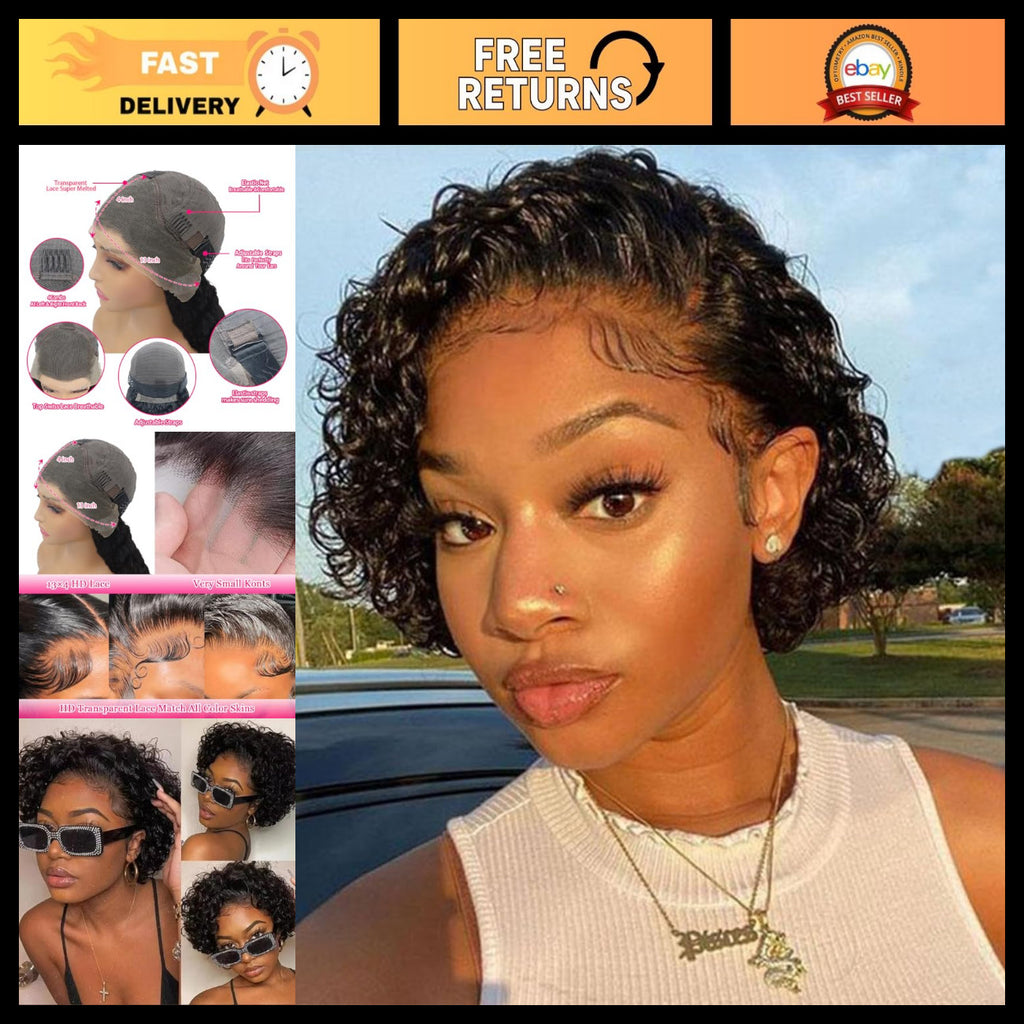Deep Wave Lace Front Wig with Short Bob Style 13x4 Human Hair Pixie Cut