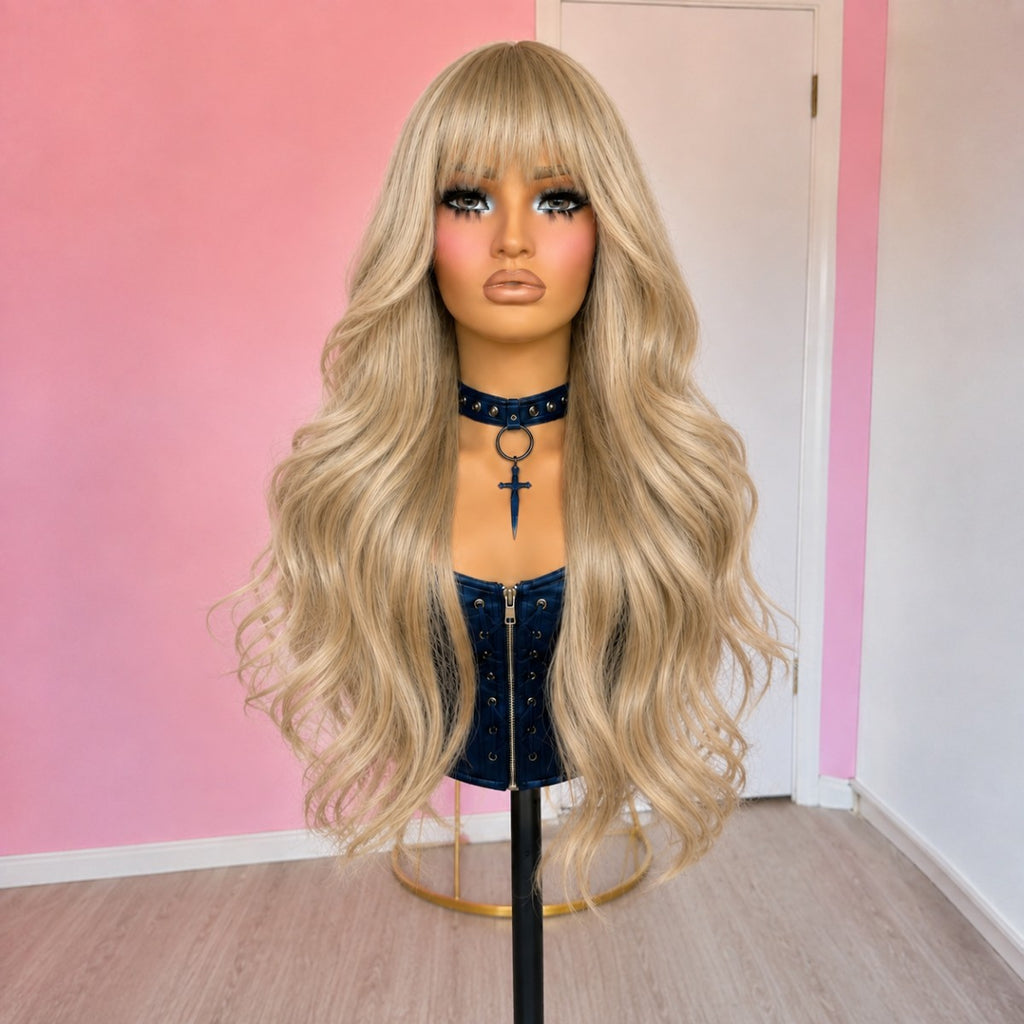 Long Wavy Blonde Costume Wig with Fringe - Synthetic Heat-Resistant Hair