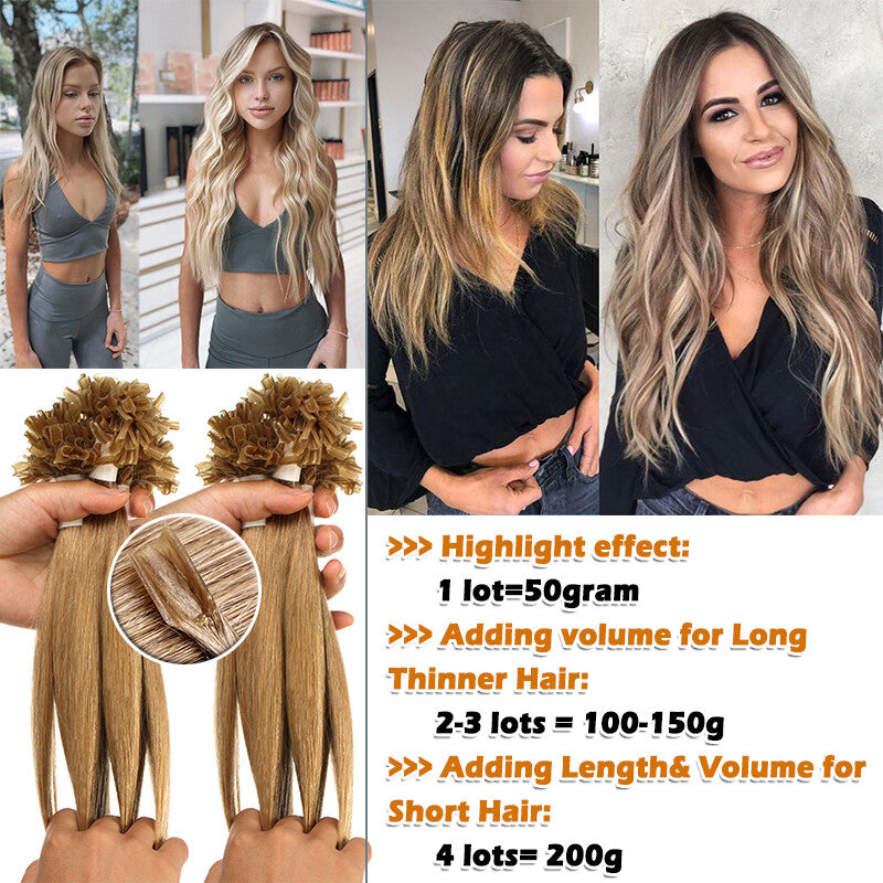 Keratin U Tip Hair Extensions - Real Human Hair, Multiple Colors & Lengths
