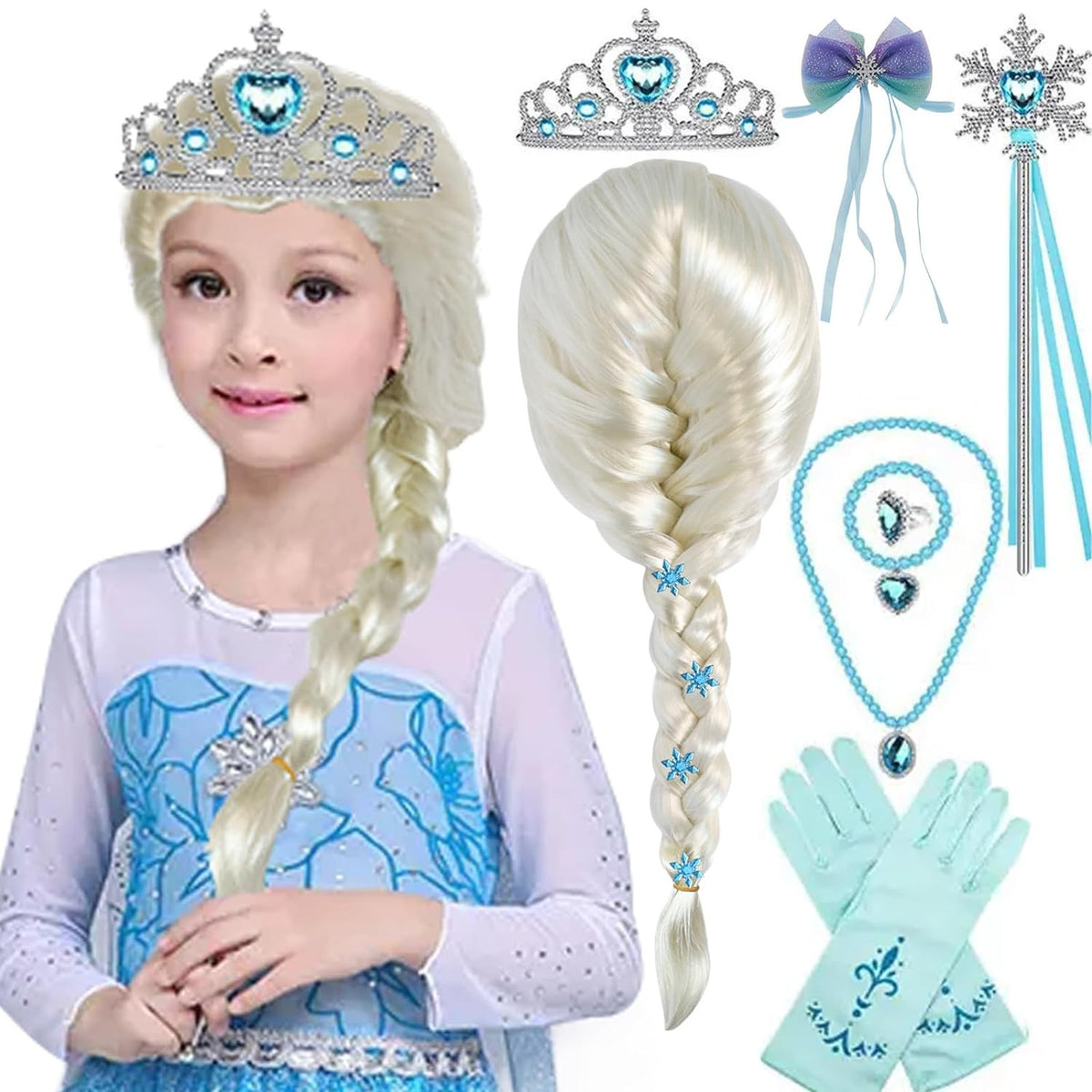 Elsa Cosplay Wig Set with Accessories - Blonde Long Braided Wig & Props