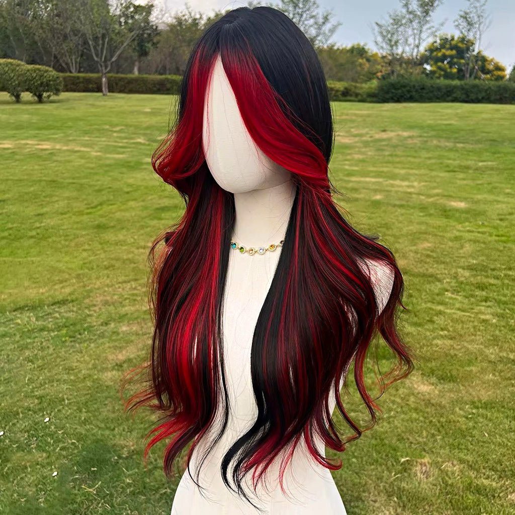 Long Wavy Lace Front Curly Wig with Red Gradient Highlights - 28 Inch Goth Style