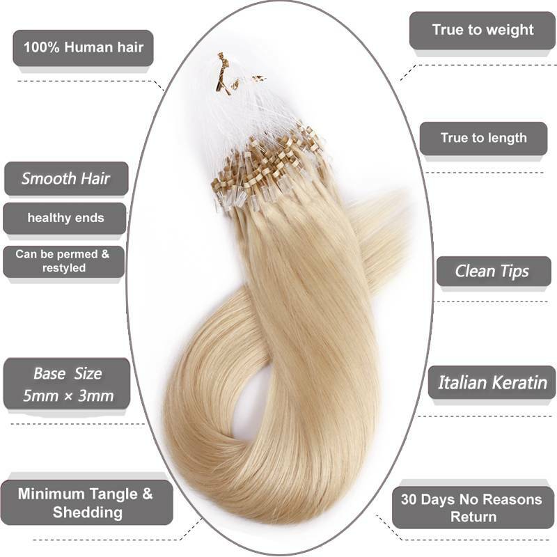 Human Hair Extensions Micro Loop Bead Rings - Real Remy Hair, Multiple Colors & Lengths
