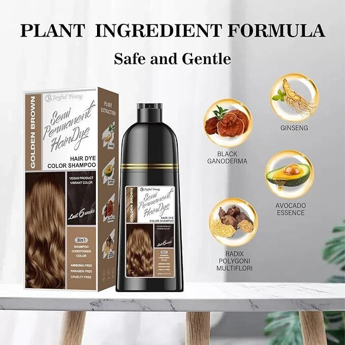 Golden Brown 3-in-1 Hair Dye Shampoo for Gray Coverage - Ammonia-Free, Fast Color