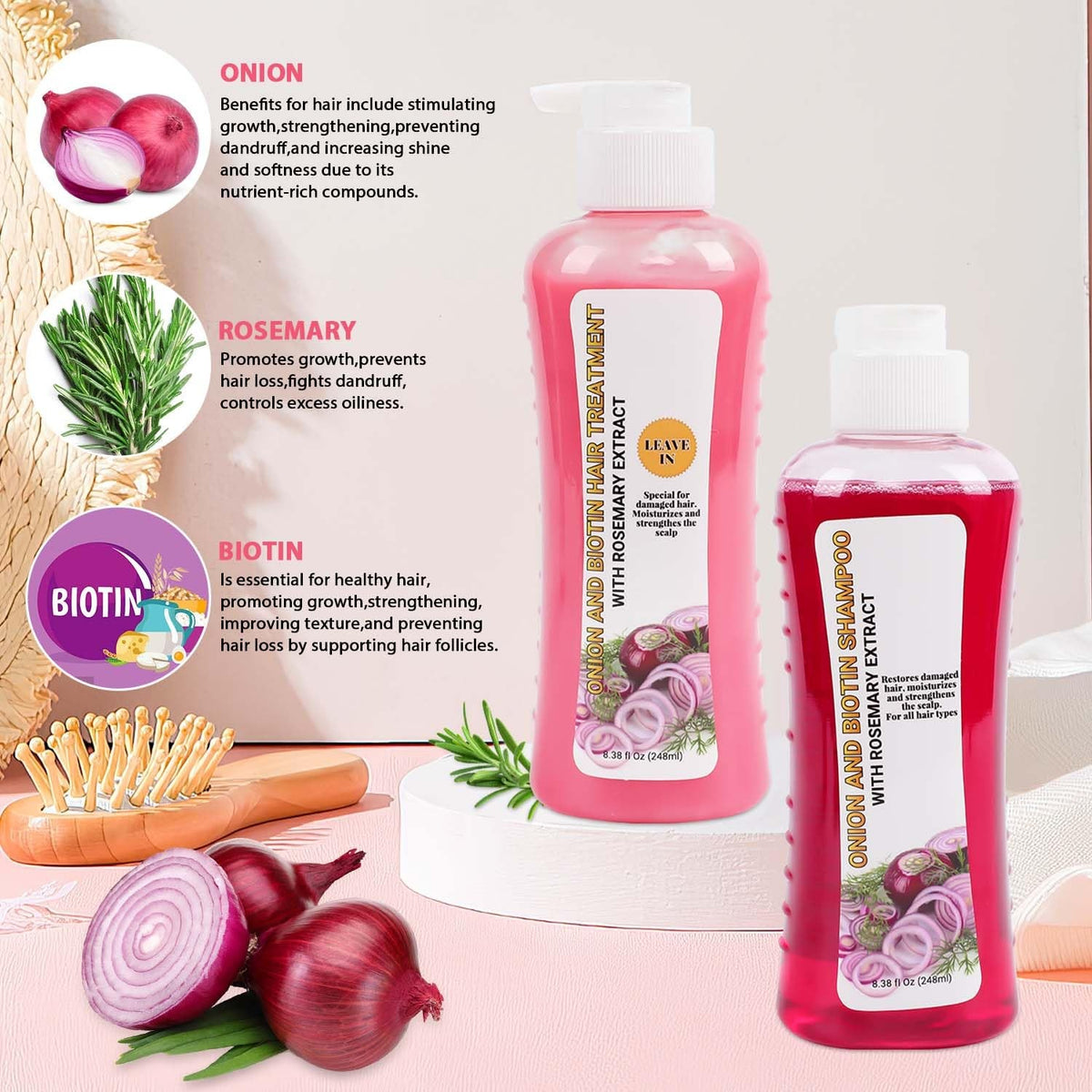 Hair Treatment Set with Onion, Biotin & Rosemary - Nourishing Shampoo & Conditioner