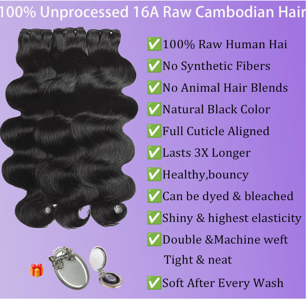 16 Inch Cambodian Human Hair Body Wave Bundle Natural Black
