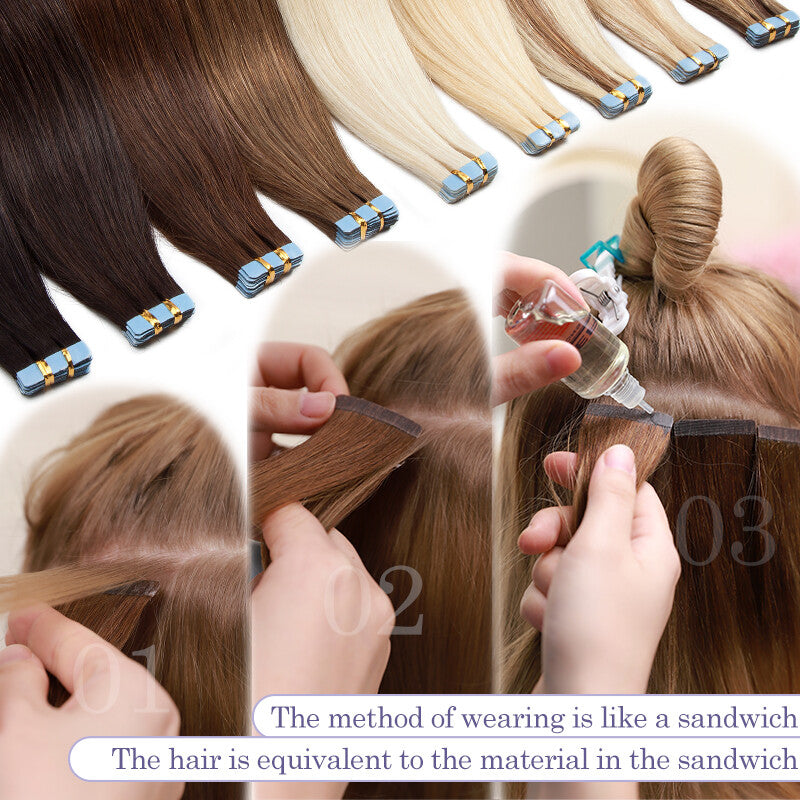 Remy Human Hair Extensions Skin Weft Tape-In Full Head Set - Brown & Black Shades