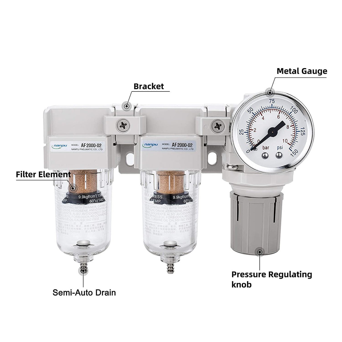 1/4" NPT Piggyback Air Filter Regulator with Drain System - Heavy Duty