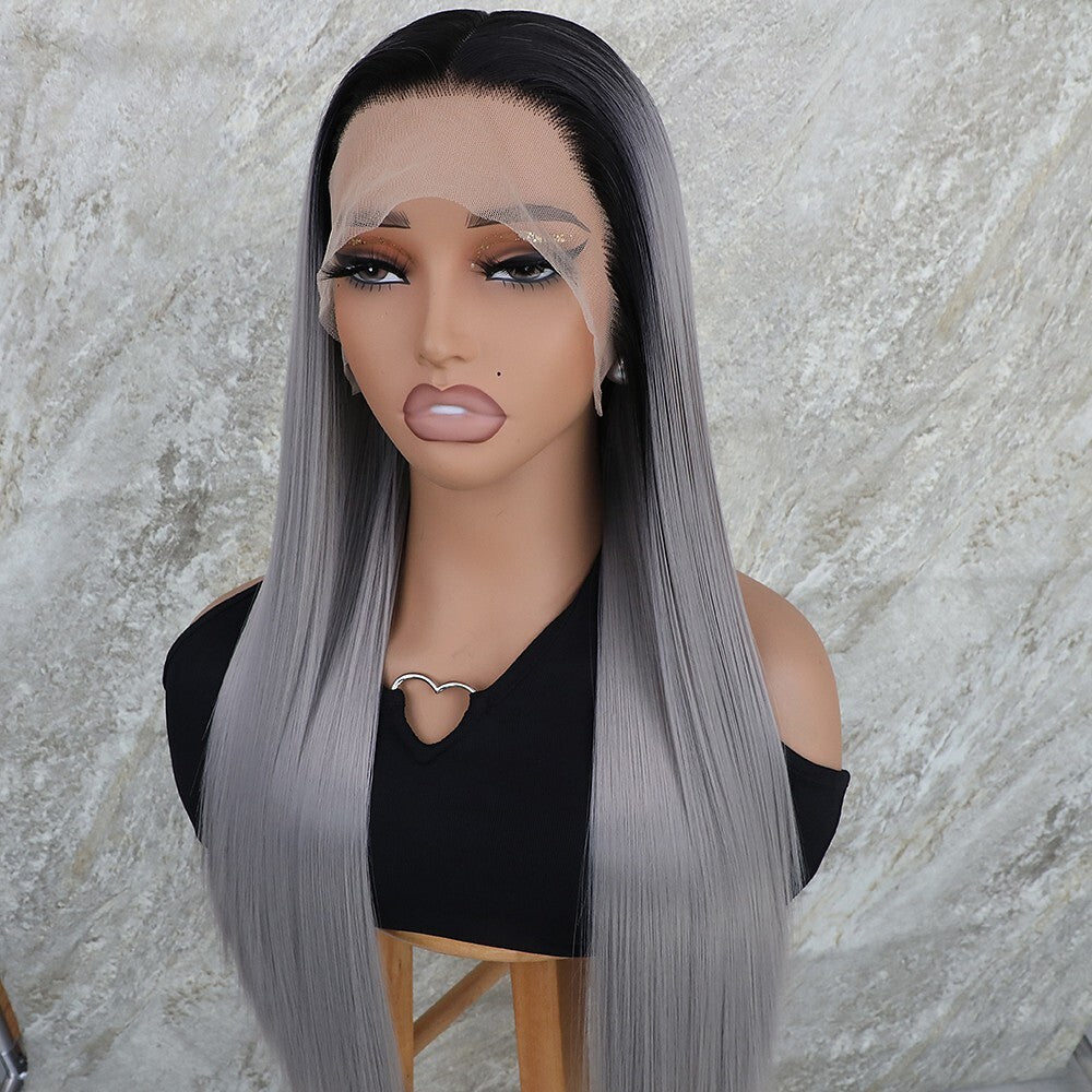 Gray Ombre Lace Front Wig - Synthetic Heat Safe Long Straight Pre Plucked 13x4