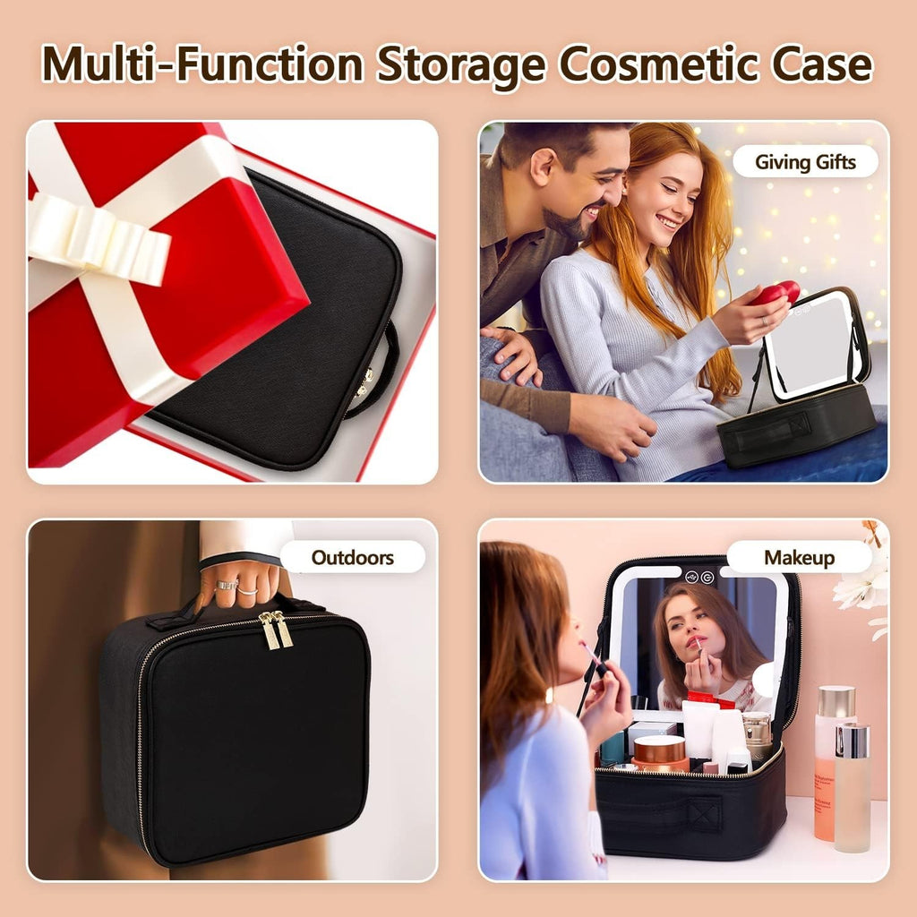 Travel Makeup Bag with LED Lighted Mirror and Adjustable Compartments