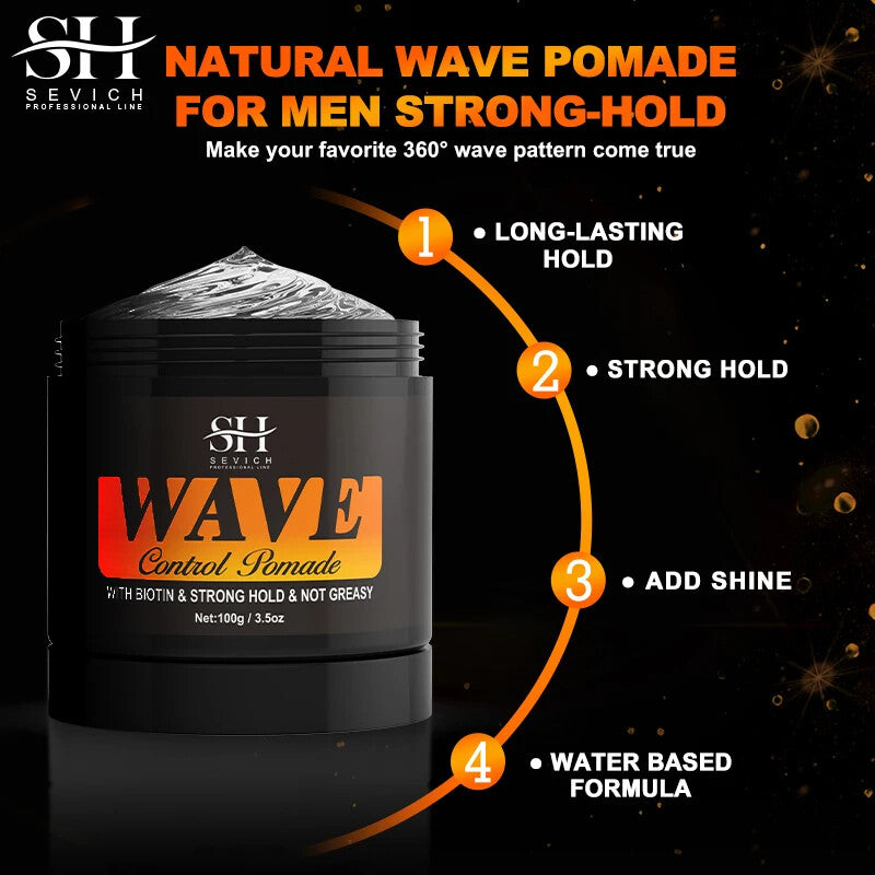 Natural Wave Control Pomade for Men - Strong Hold & Shine, 360 Waves Styling Clay
