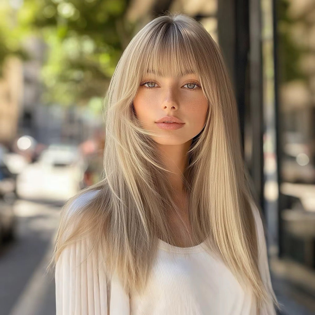 Light Blonde Brown Straight Lace Front Wig with Bangs - Synthetic High Temp Hair