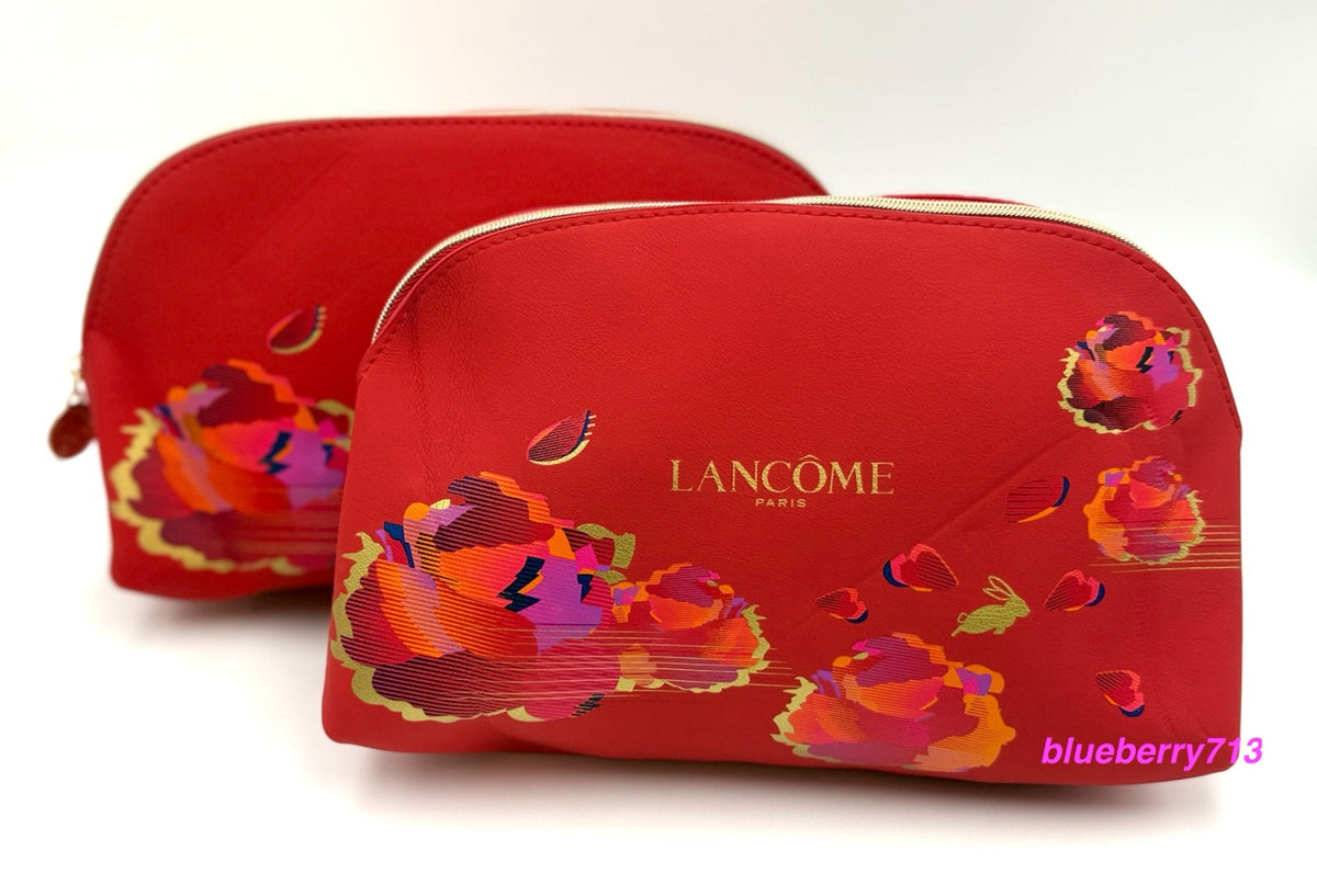 Lancome Faux Leather Red Cosmetic Makeup Zipper Bag - Rabbit, Set of 2