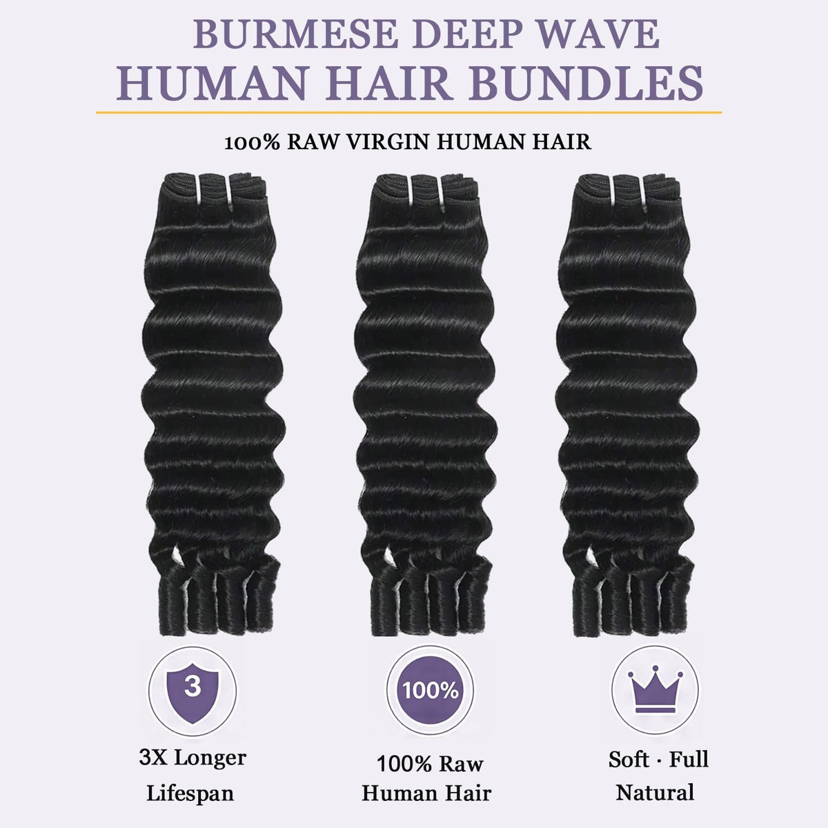 15A Burmese Deep Wave Human Hair Weft Bundles - Natural Black, 14 Inch