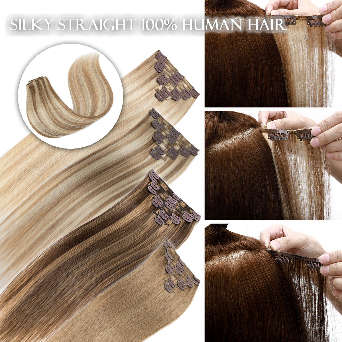 Clip-In Hair Extensions Full Head 8 Pieces Remy Human Hair 4-24 Inches