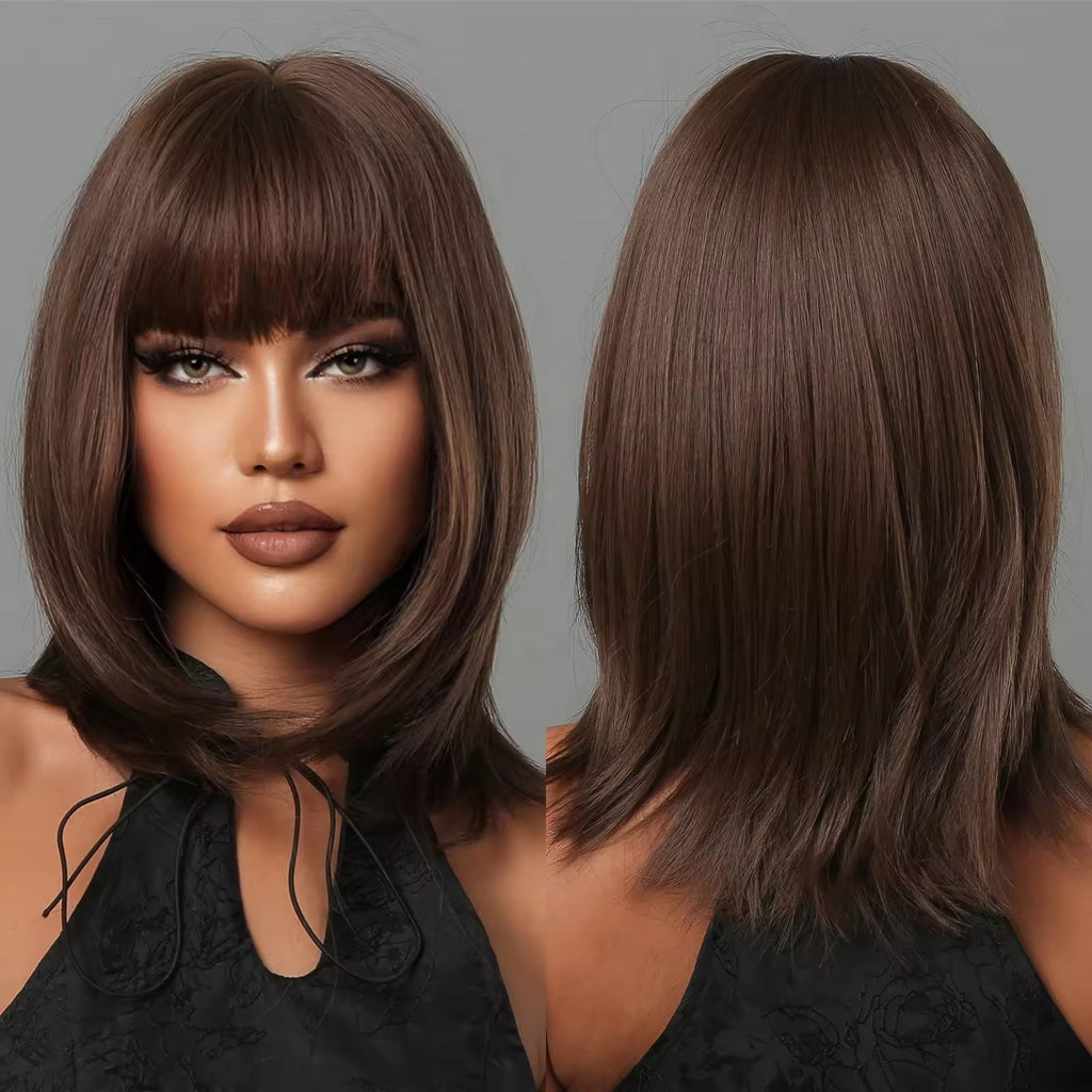 Dark Brown Synthetic Cosplay Wig with Bangs - Heat Resistant Bob Style