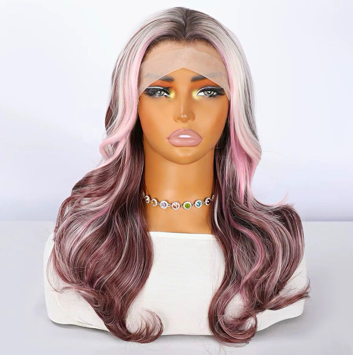 Long Wavy Lace Front Wig with Highlights 22 Inches Pink White Silver Cosplay Halloween
