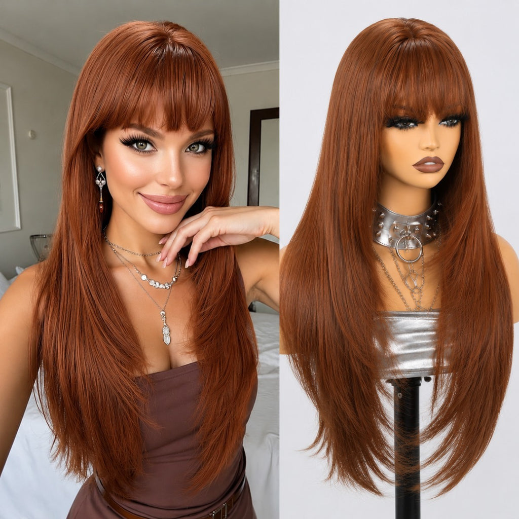 Copper Red Synthetic Long Straight Wig with Bangs for Cosplay & Parties
