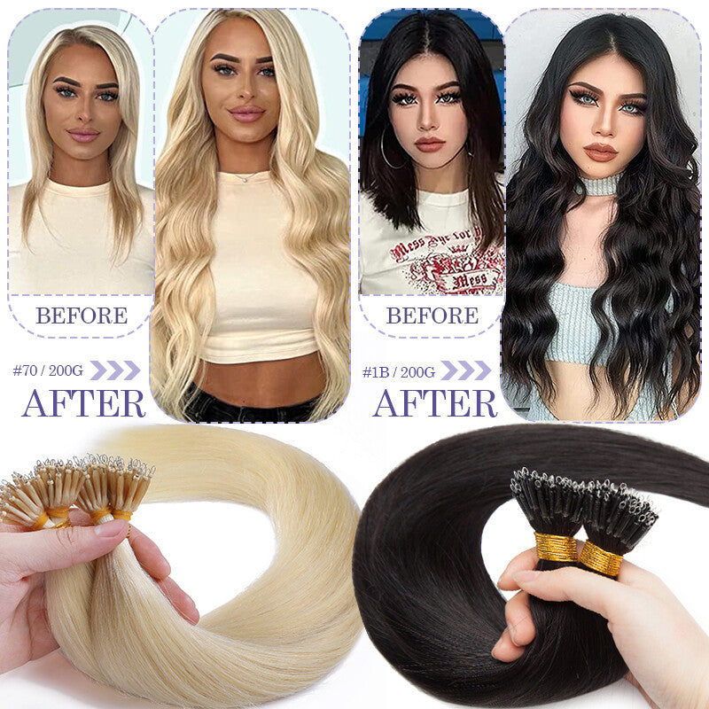 Nano Ring Remy Human Hair Extensions - Thick Highlight Balayage Ombre, 16-22 Inch Options