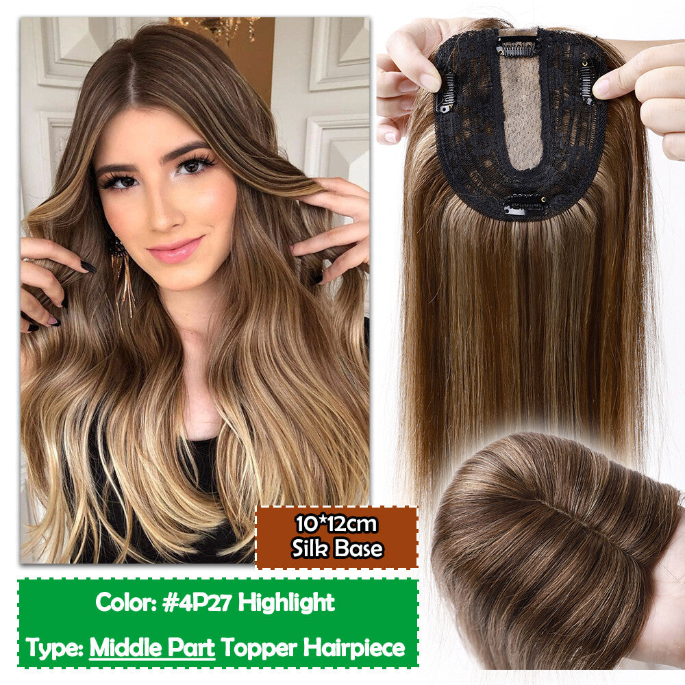 Human Hair Topper with Bangs Clip-In Remy Hairpiece for Thinning Hair