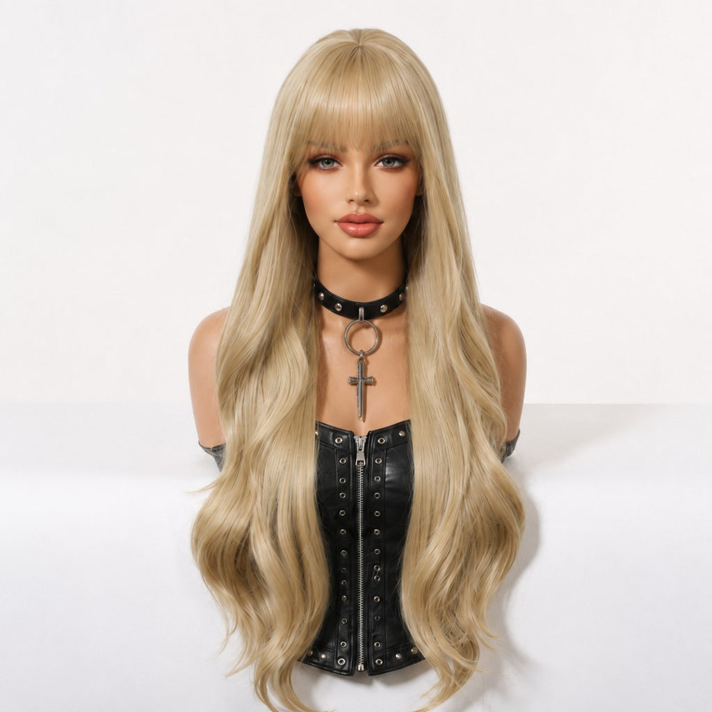 Long Wavy Synthetic Hair Wig - Light Blonde Cosplay Party Wig with Bangs