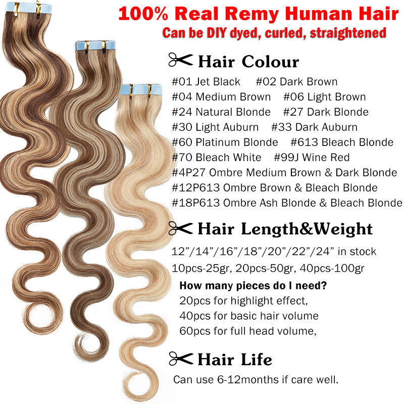 Remy Human Hair Tape-In Extensions Wavy Full Head 200g 80pcs - Multiple Colors & Lengths