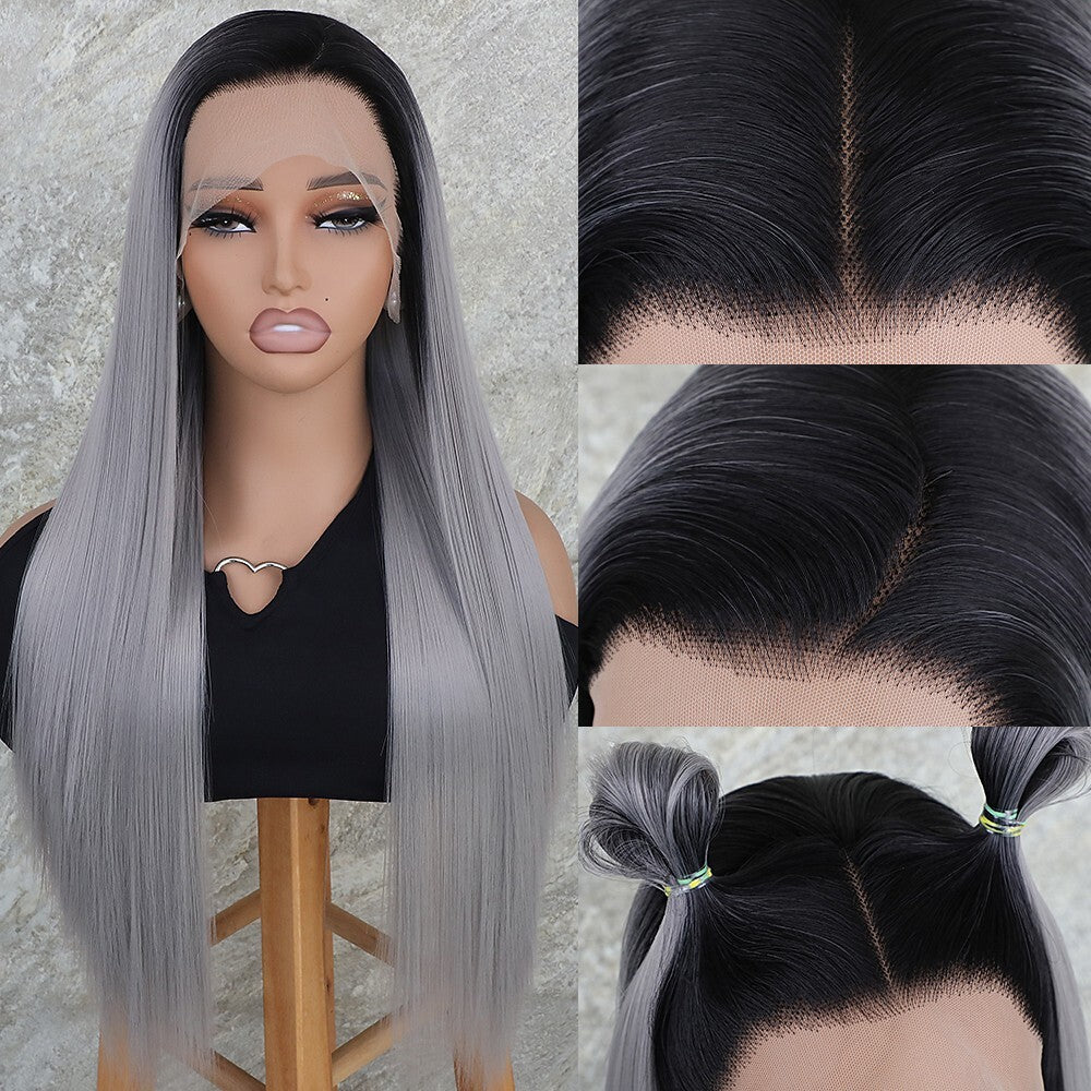 Gray Ombre Lace Front Wig - Synthetic Heat Safe Long Straight Pre Plucked 13x4