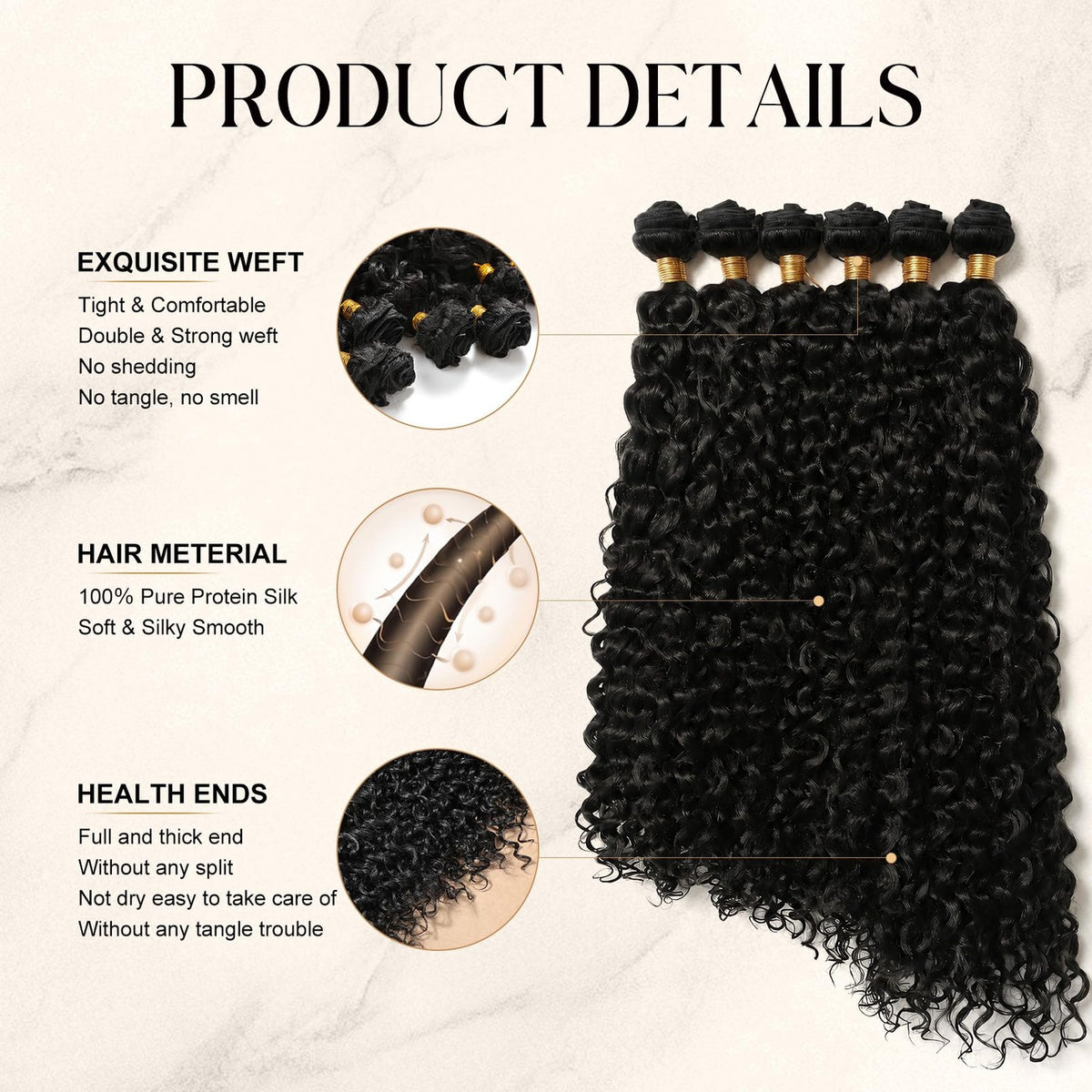 Kinky Synthetic Hair Weave Bundles - Natural Black, 18-22 Inch, Pack of 6