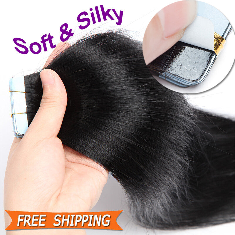 Remy Human Hair Extensions Skin Weft Tape-In Full Head Set - Brown & Black Shades