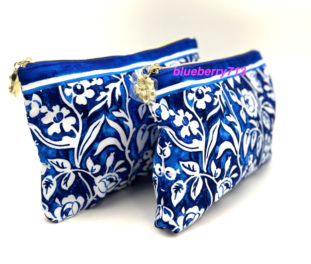 2 Pack Makeup Bags with Zipper - Blue & White Flower Print Cosmetic Storage