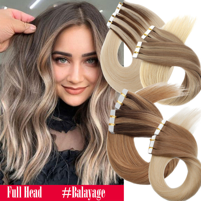 Remy Human Hair Extensions Tape-In Full Head Highlight 100% Thick & Natural