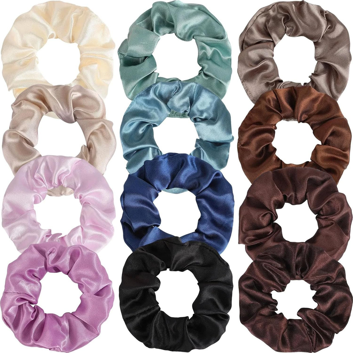 12 Satin Silk Scrunchies Set - Thick Elastic Hair Ties for Women & Girls