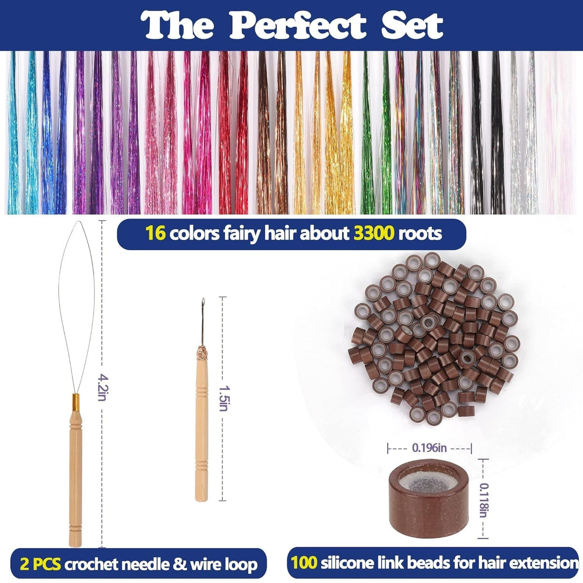 16-Color Hair Tinsel Kit - 48 Inch Sparkling Hair Extensions for Festivals & Events