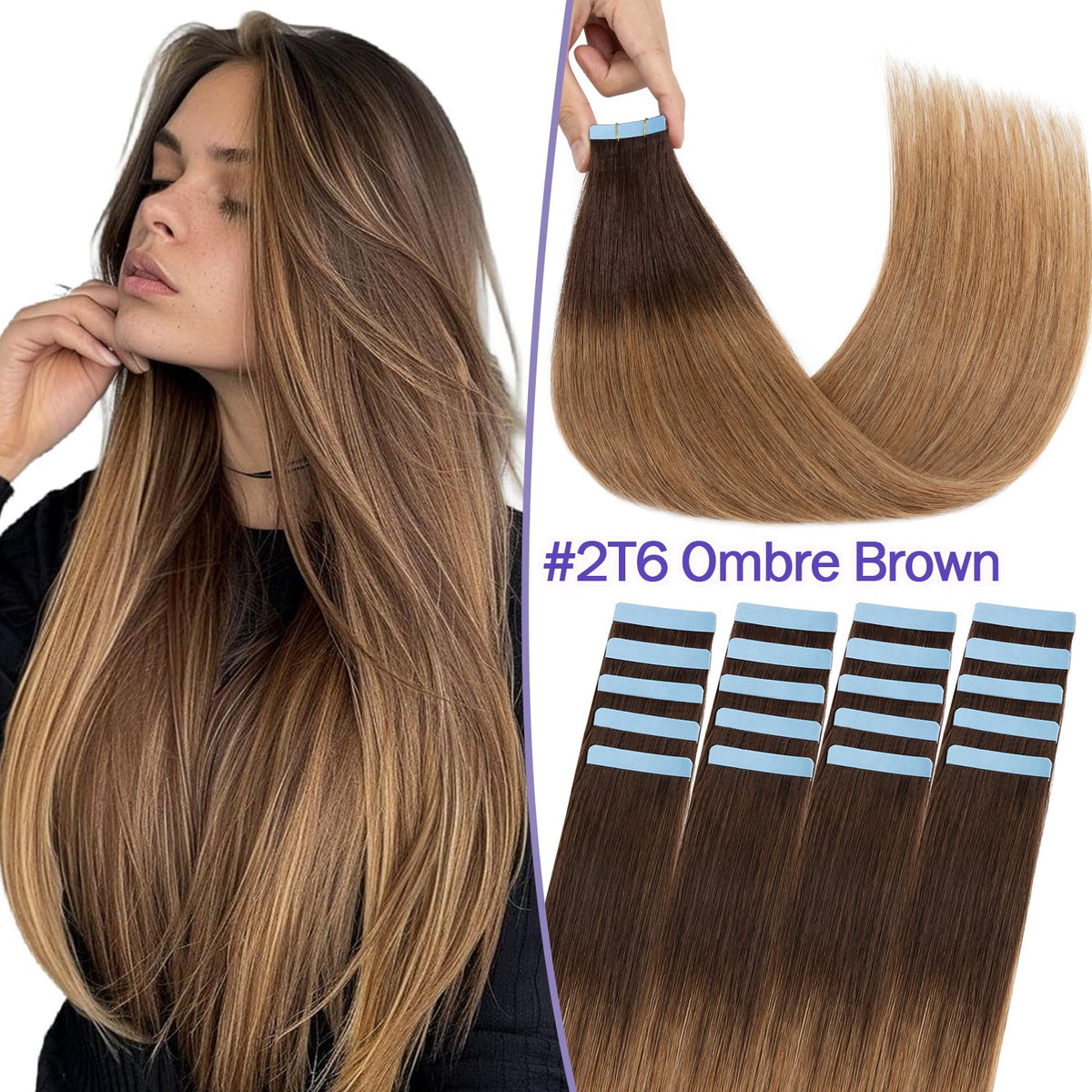 Tape-In 100% Remy Human Hair Extensions Full Head Balayage Ombre