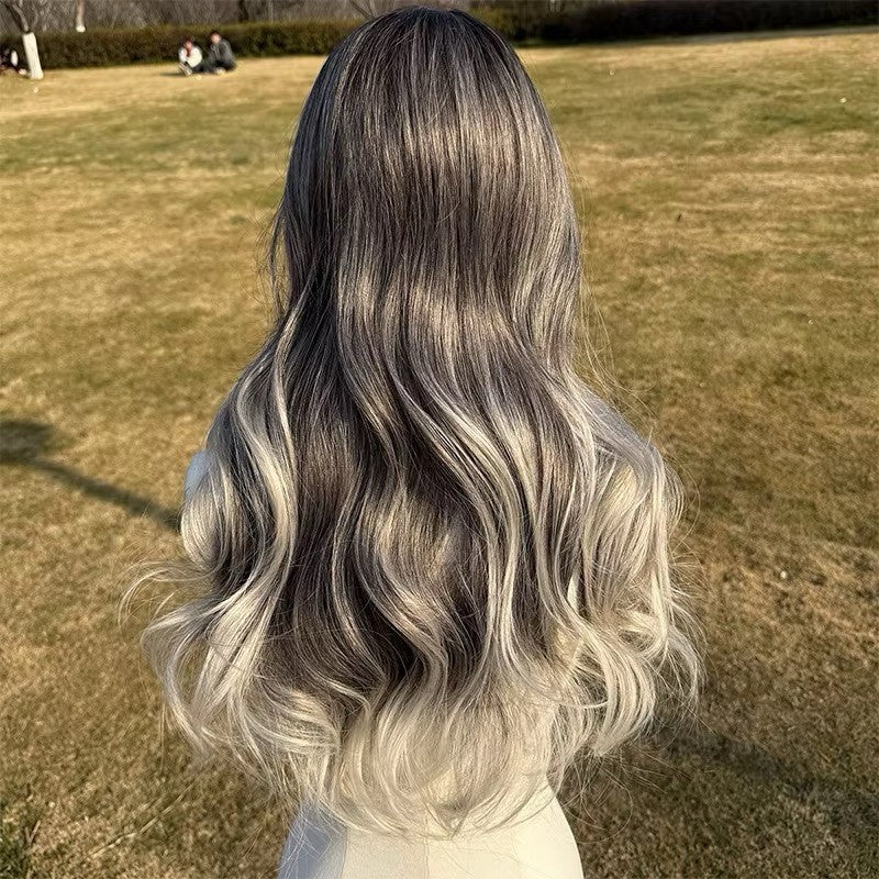 Lace Front 28-Inch Wig for Cosplay Halloween Party Dark Black Roots Gray White