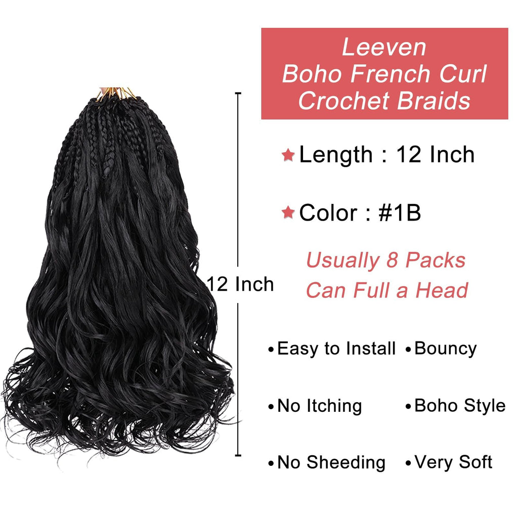 Boho French Curl Crochet Braids 12 Inch - 8 Pack Black Pre-Looped Curly Hair Extensions