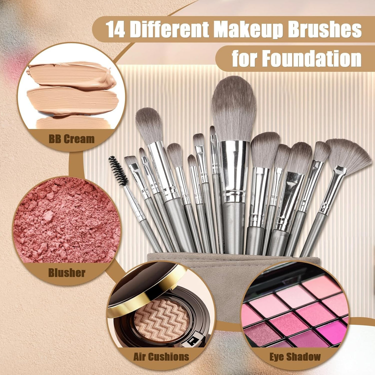 14-Piece Professional Makeup Brush Set with Synthetic Bristles and PU Bag