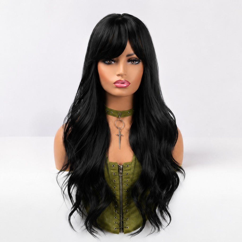 Long Wavy Black Synthetic Wig with Fringe for Cosplay & Costume