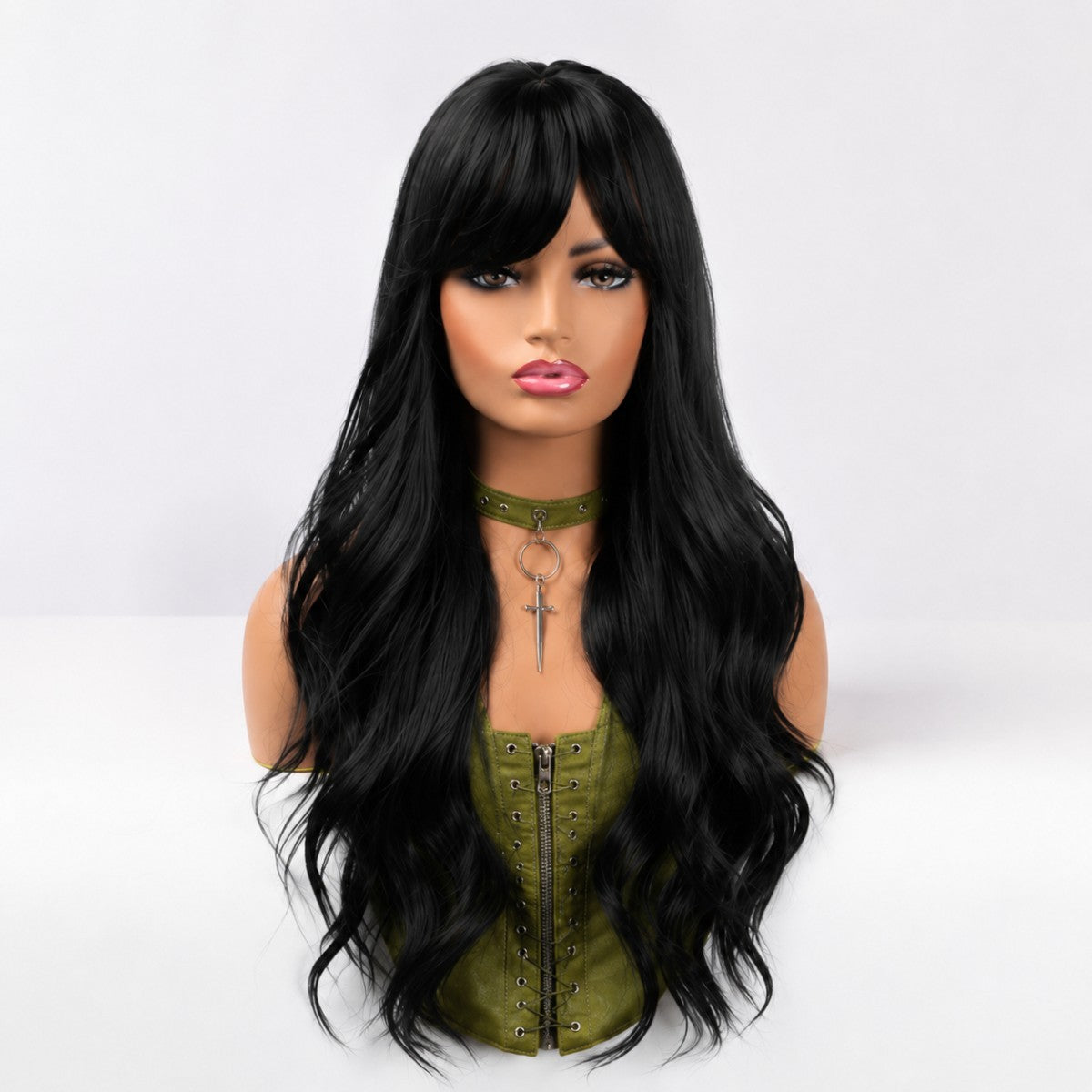 Long Wavy Black Synthetic Wig with Fringe for Cosplay & Costume
