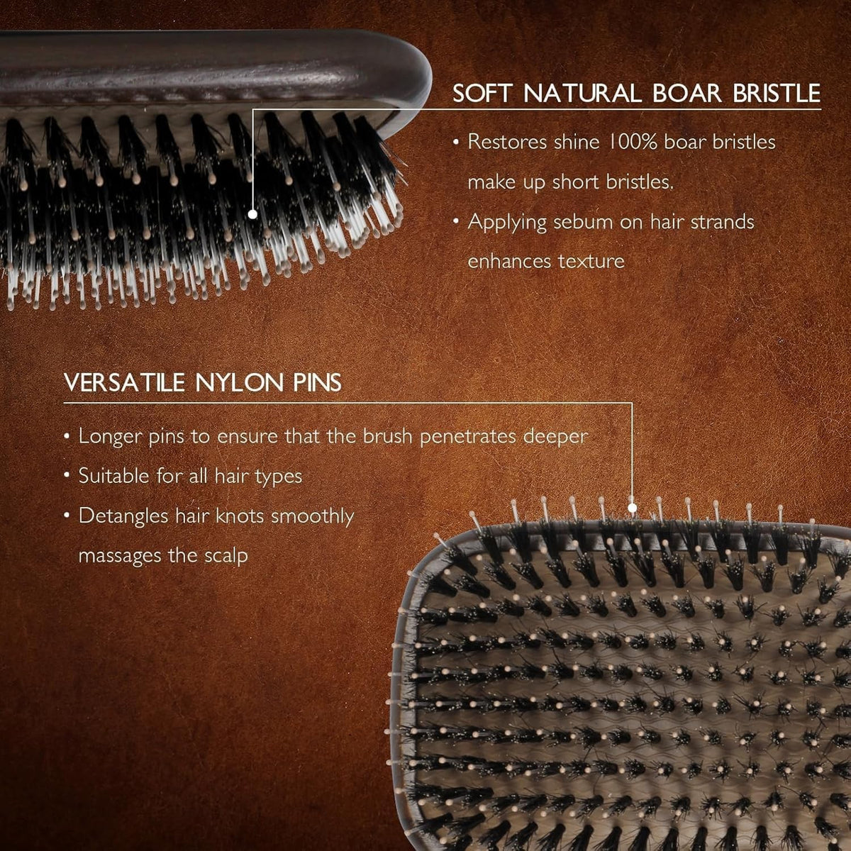 Boar Bristle Hair Brush Set for Detangling & Shine - All Hair Types