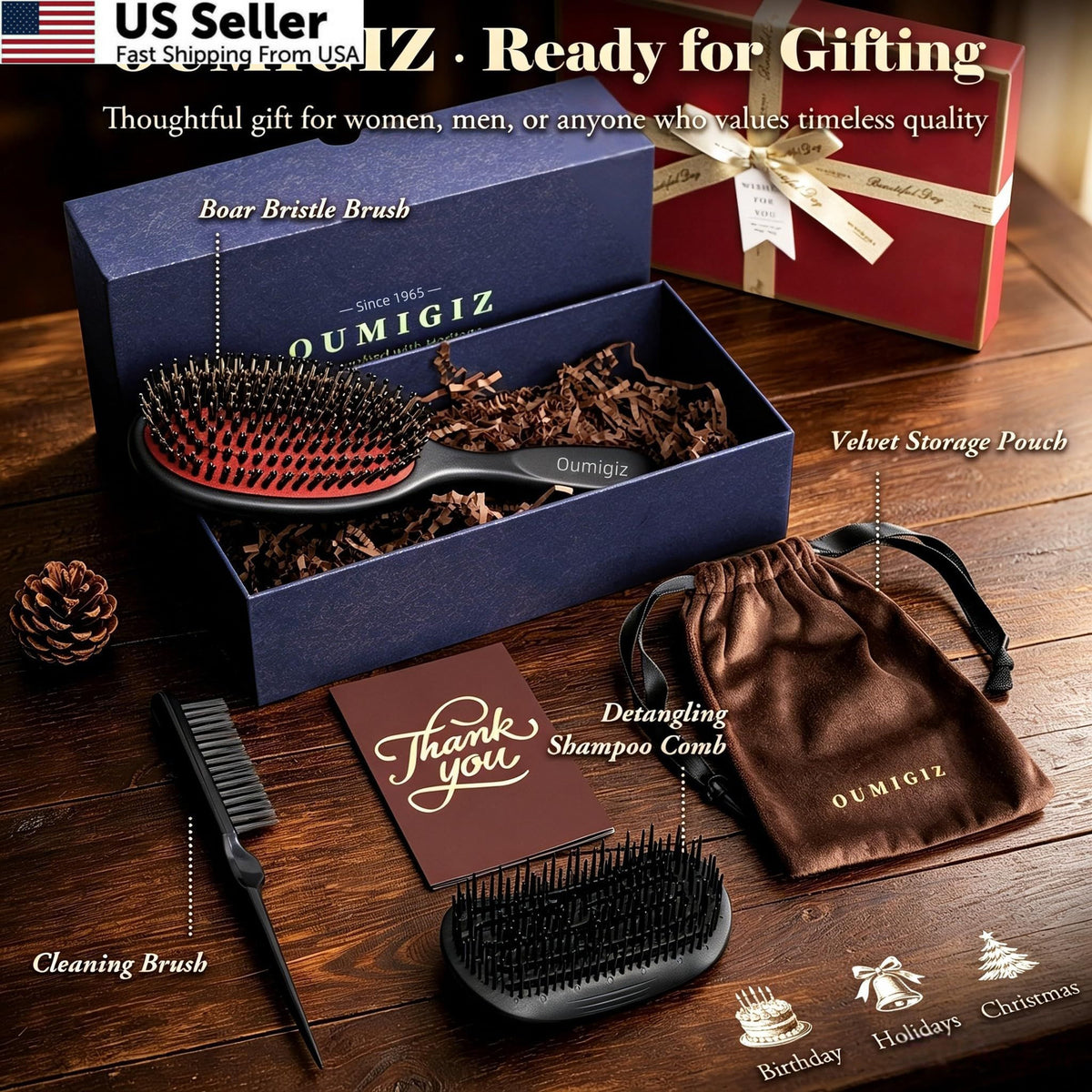 Boar Bristle Hair Brush for Detangling & Styling - Large Black & Red