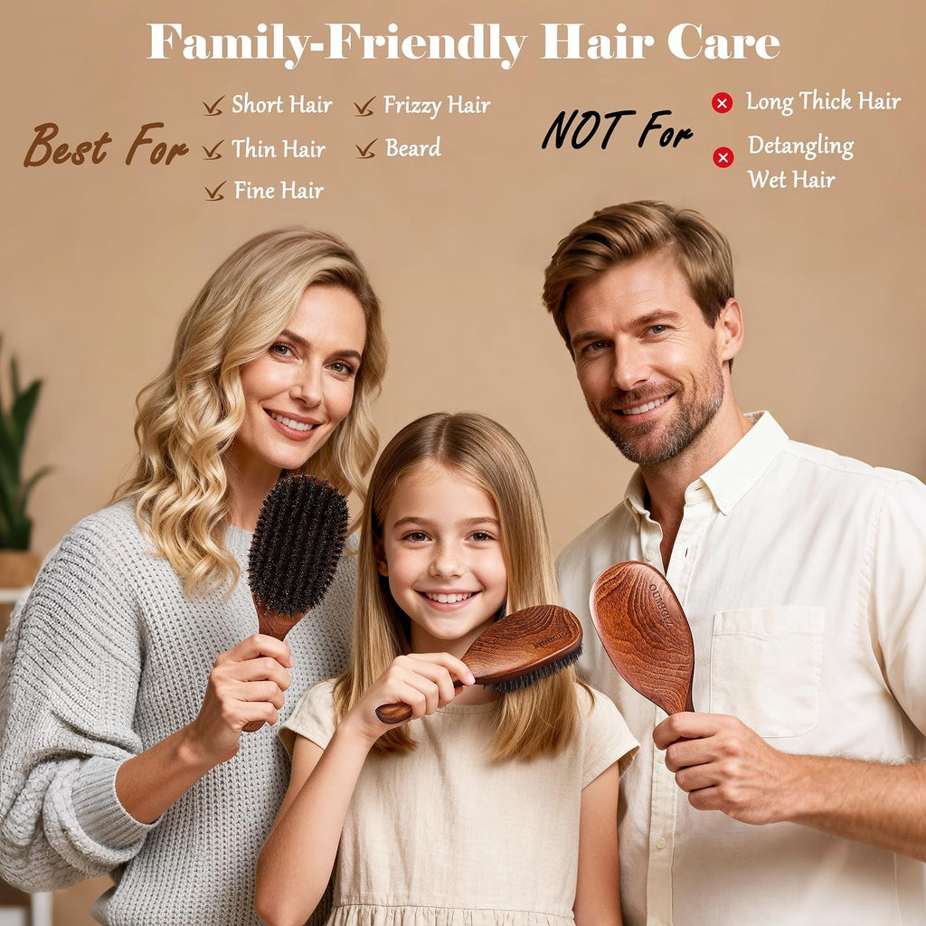 Large Wooden Boar Bristle Hair Brush for Men & Women - Natural Detangler & Styler