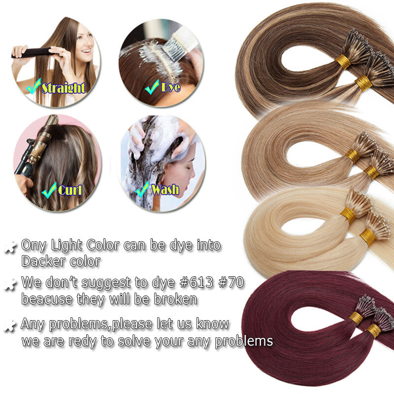 Thick 150PCS Remy Human Hair Extensions Nano Ring Beads Micro Loop 14-24 Inch