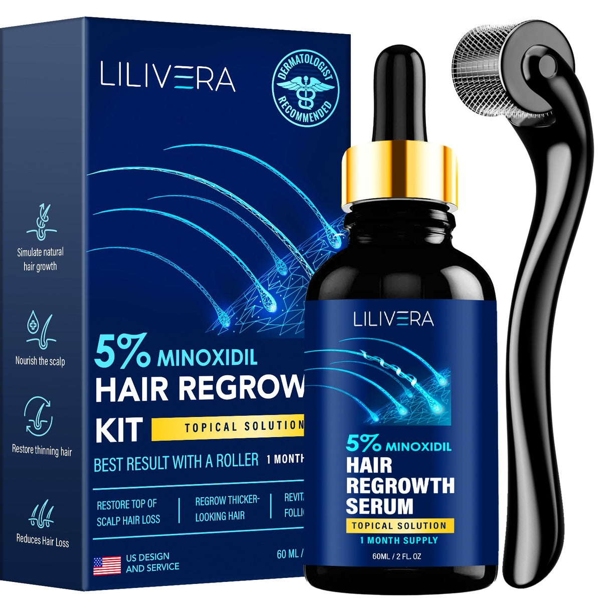 Minoxidil Hair Growth Kit with Derma Roller & Biotin for Men & Women