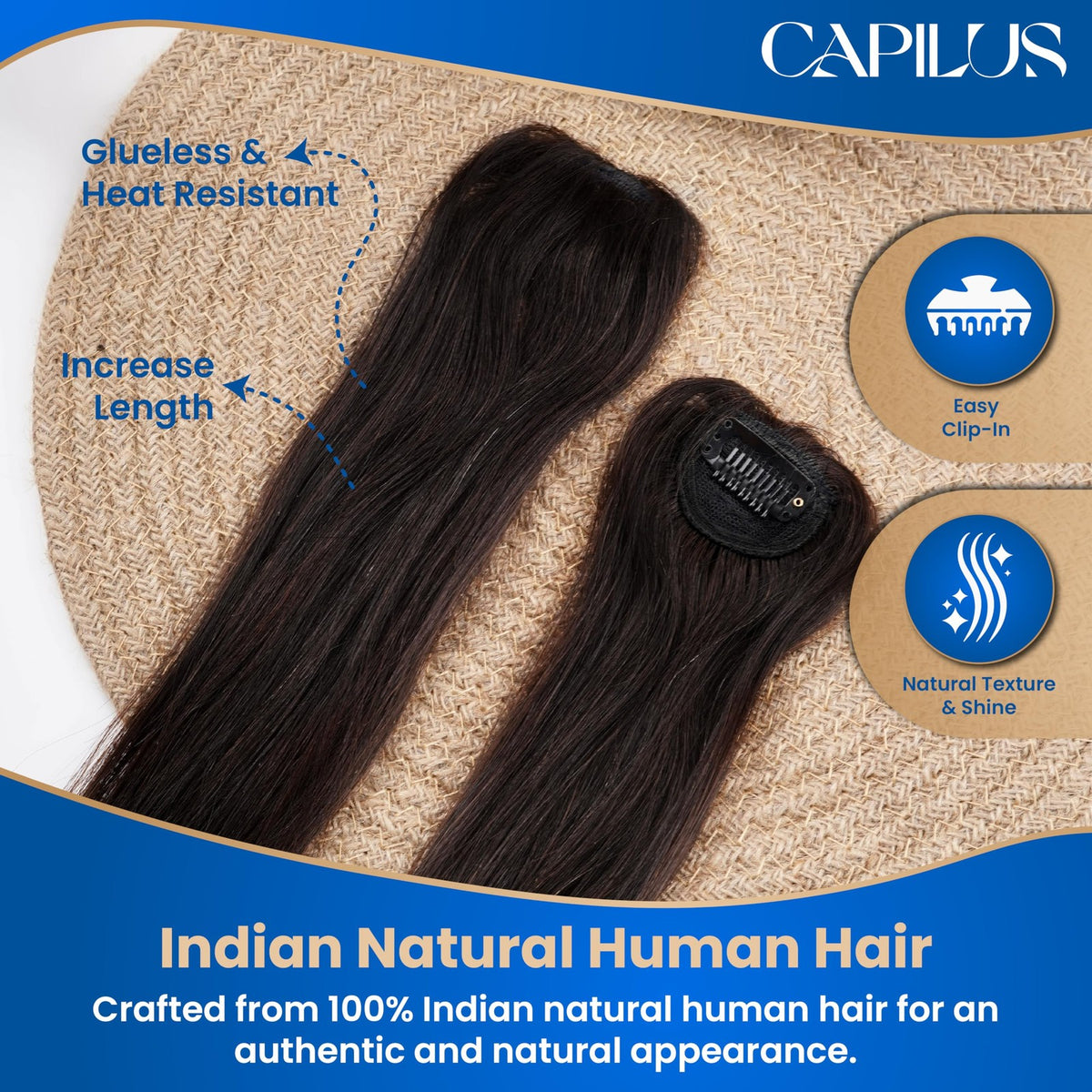 Invisible Hair Patch 12 Inch Natural Black Clip-In Extensions - Seamless Volume
