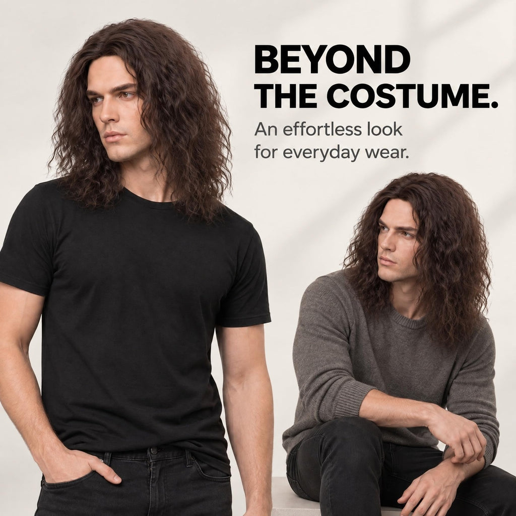 Men's Brown Wavy Costume Wig - Natural Look, Heat Resistant Synthetic Hair